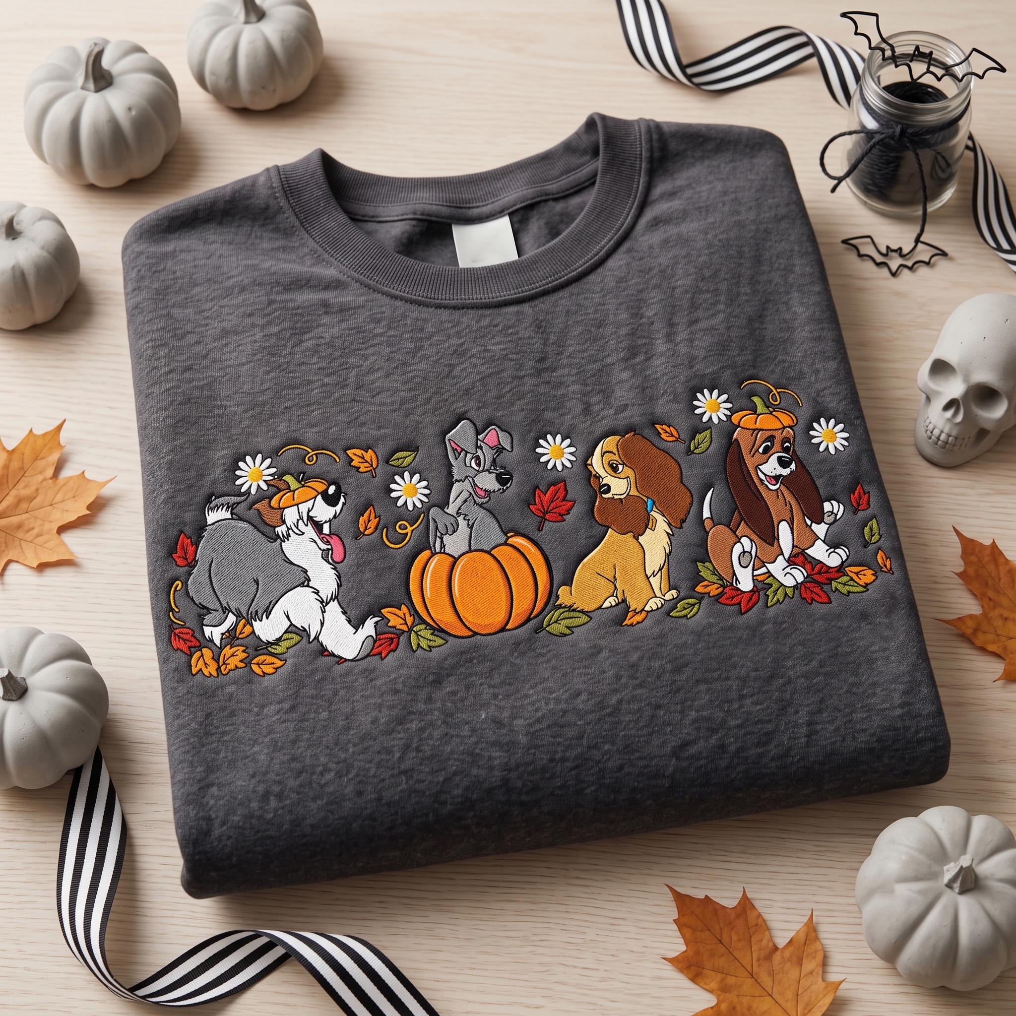 Embroidered Disney Dogs Pumpkin Sweatshirt with Lady Tramp Copper Max Crewneck – Cute Fall Autumn Leaves Thanksgiving Dog Lover Gift Shirt - photo 6