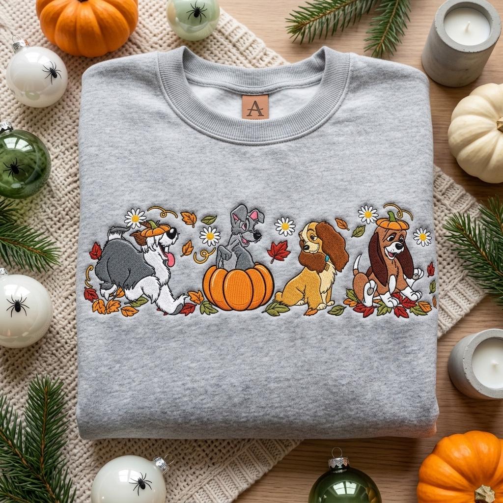 Embroidered Disney Dogs Pumpkin Sweatshirt with Lady Tramp Copper Max Crewneck – Cute Fall Autumn Leaves Thanksgiving Dog Lover Gift Shirt - photo 7
