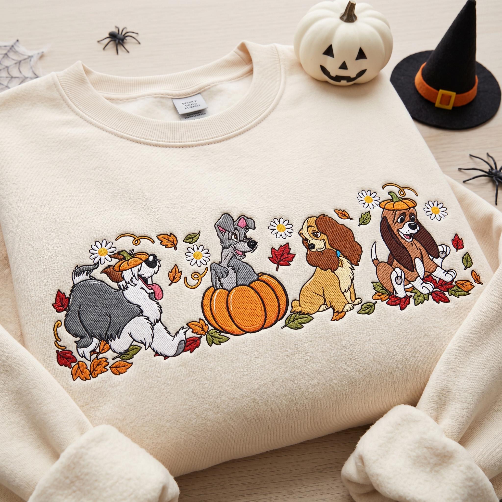 Embroidered Disney Dogs Pumpkin Sweatshirt with Lady Tramp Copper Max Crewneck – Cute Fall Autumn Leaves Thanksgiving Dog Lover Gift Shirt - photo 8