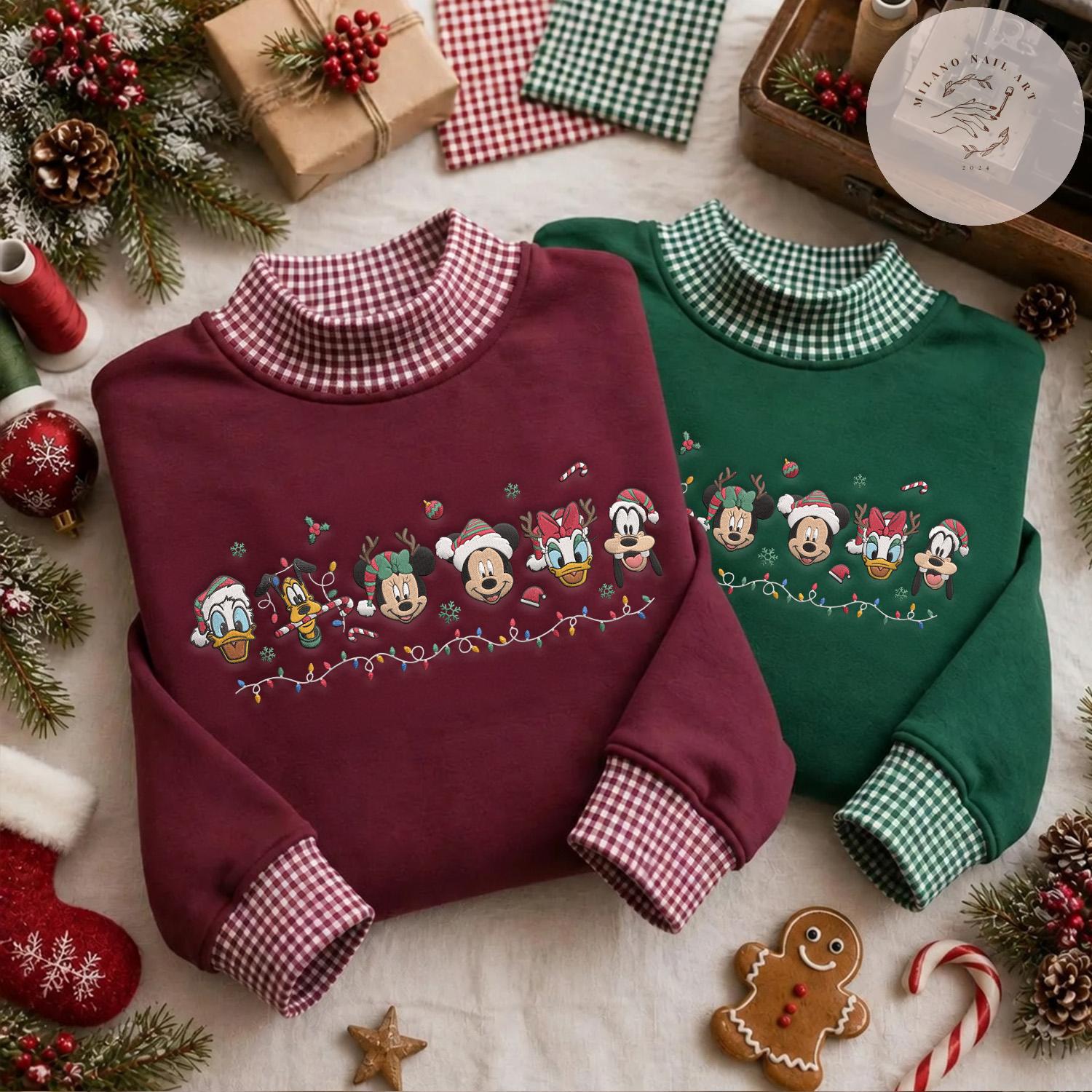 Embroidered Mickey and Friends Christmas Gingham Mock Neck Shirt – Mickey's Very Merry Crewneck for WDW Disneyland Christmas Trip Tee