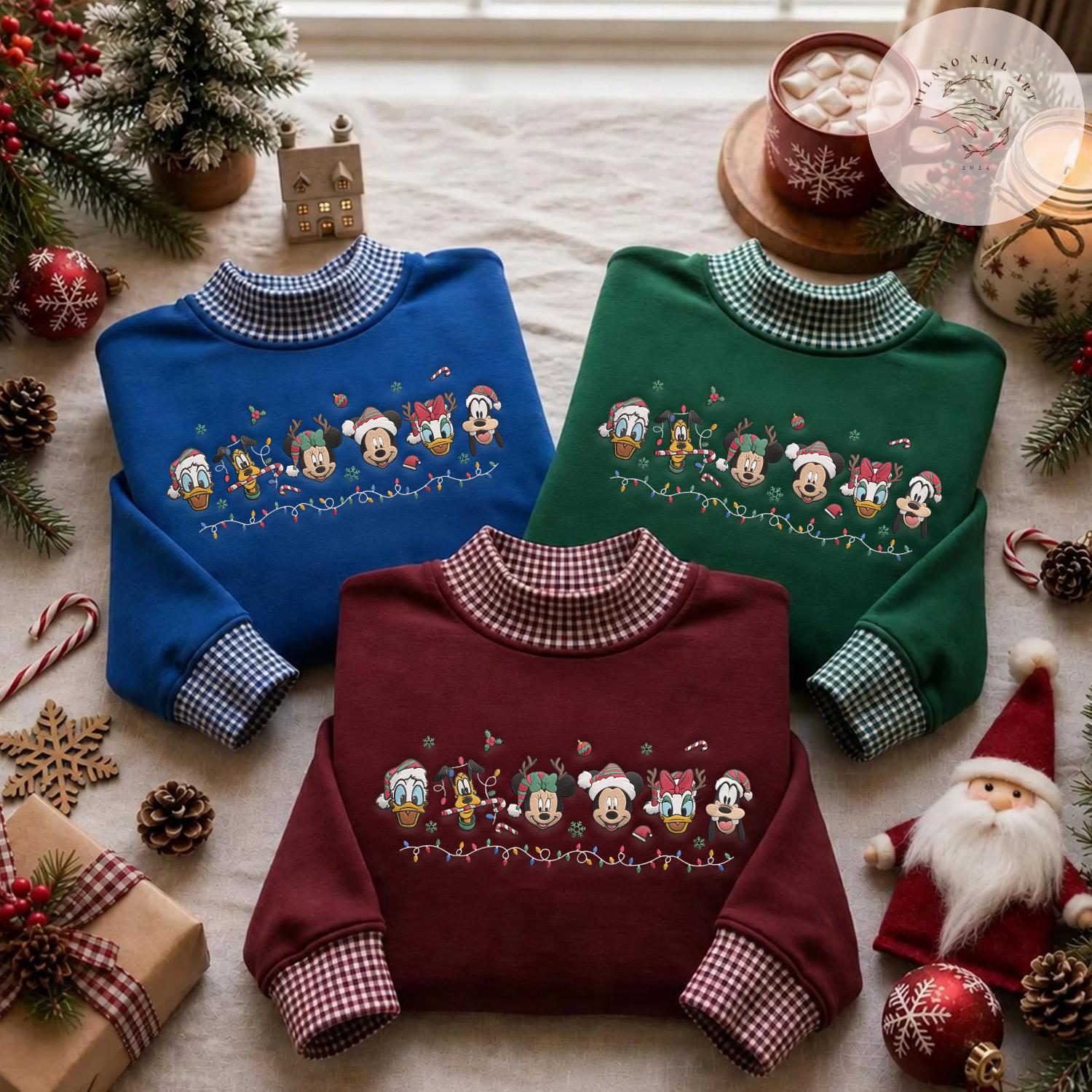 Embroidered Mickey and Friends Christmas Gingham Mock Neck Shirt – Mickey's Very Merry Crewneck for WDW Disneyland Christmas Trip Tee - photo 2