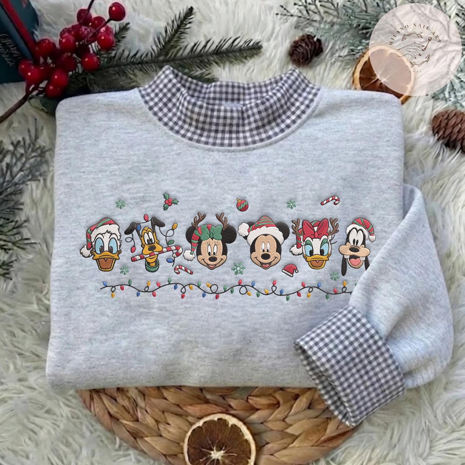 Embroidered Mickey and Friends Christmas Gingham Mock Neck Shirt – Mickey's Very Merry Crewneck for WDW Disneyland Christmas Trip Tee - photo 3