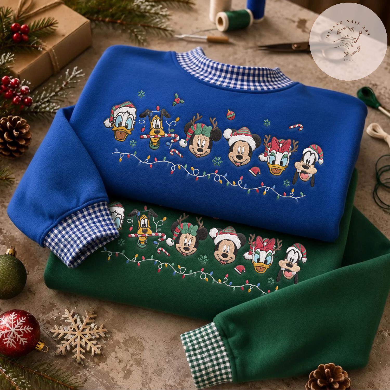Embroidered Mickey and Friends Christmas Gingham Mock Neck Shirt – Mickey's Very Merry Crewneck for WDW Disneyland Christmas Trip Tee - photo 4