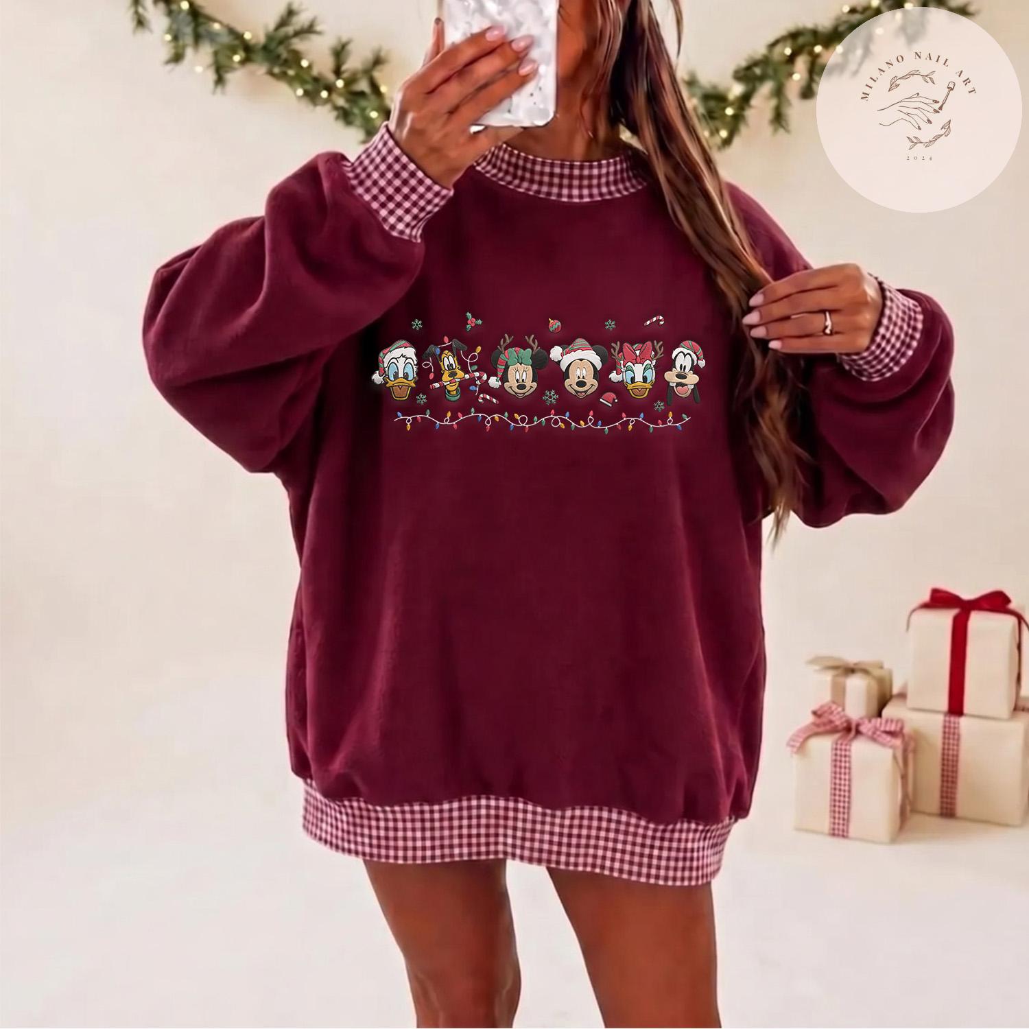 Embroidered Mickey and Friends Christmas Gingham Mock Neck Shirt – Mickey's Very Merry Crewneck for WDW Disneyland Christmas Trip Tee - photo 5