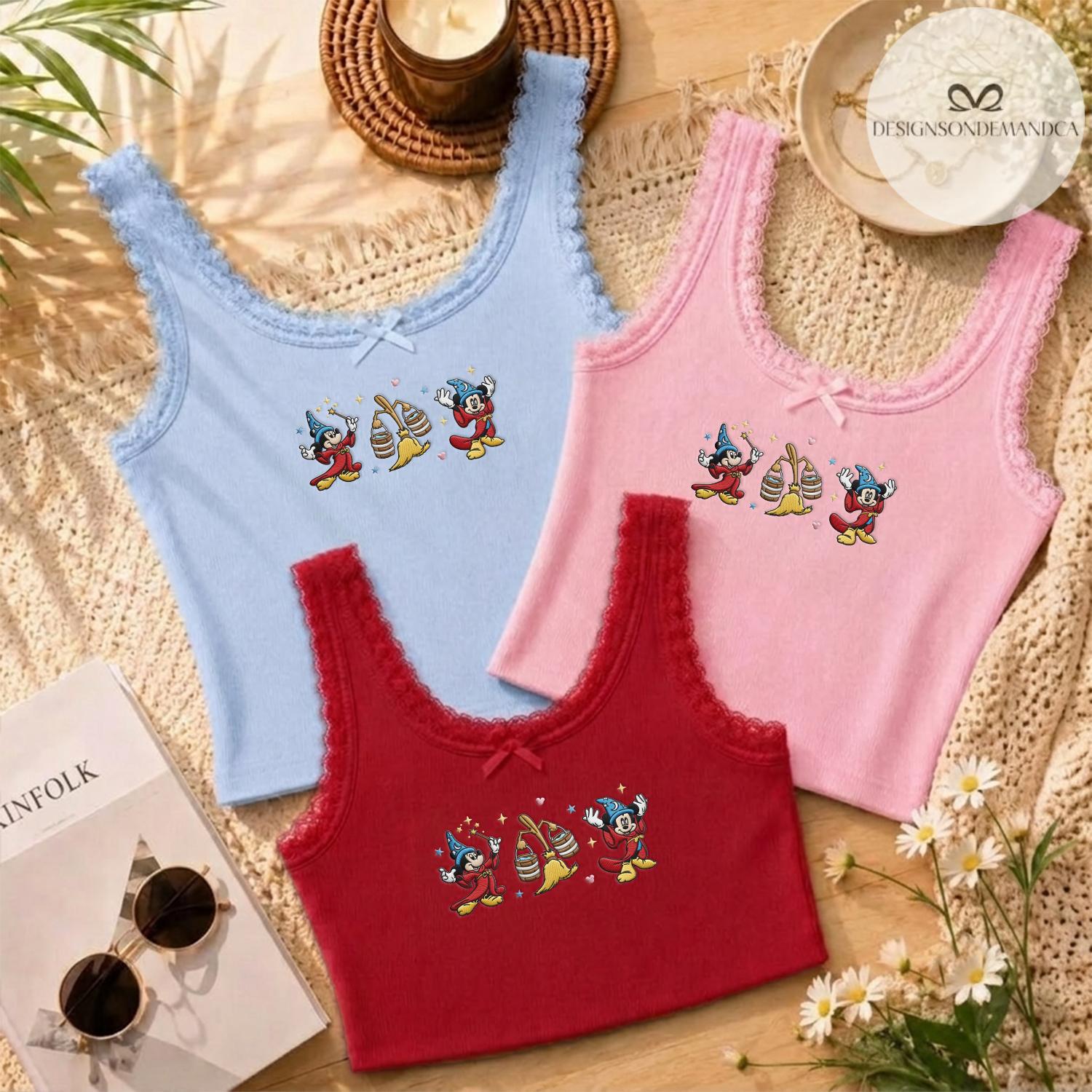 Embroidered Fantasia Sorcerer Wizard Mickey Lace Trim Tank Top with Coquette Bow – Disney Baby Tee Crop Tank for WDW Disneyland Trip - photo 4