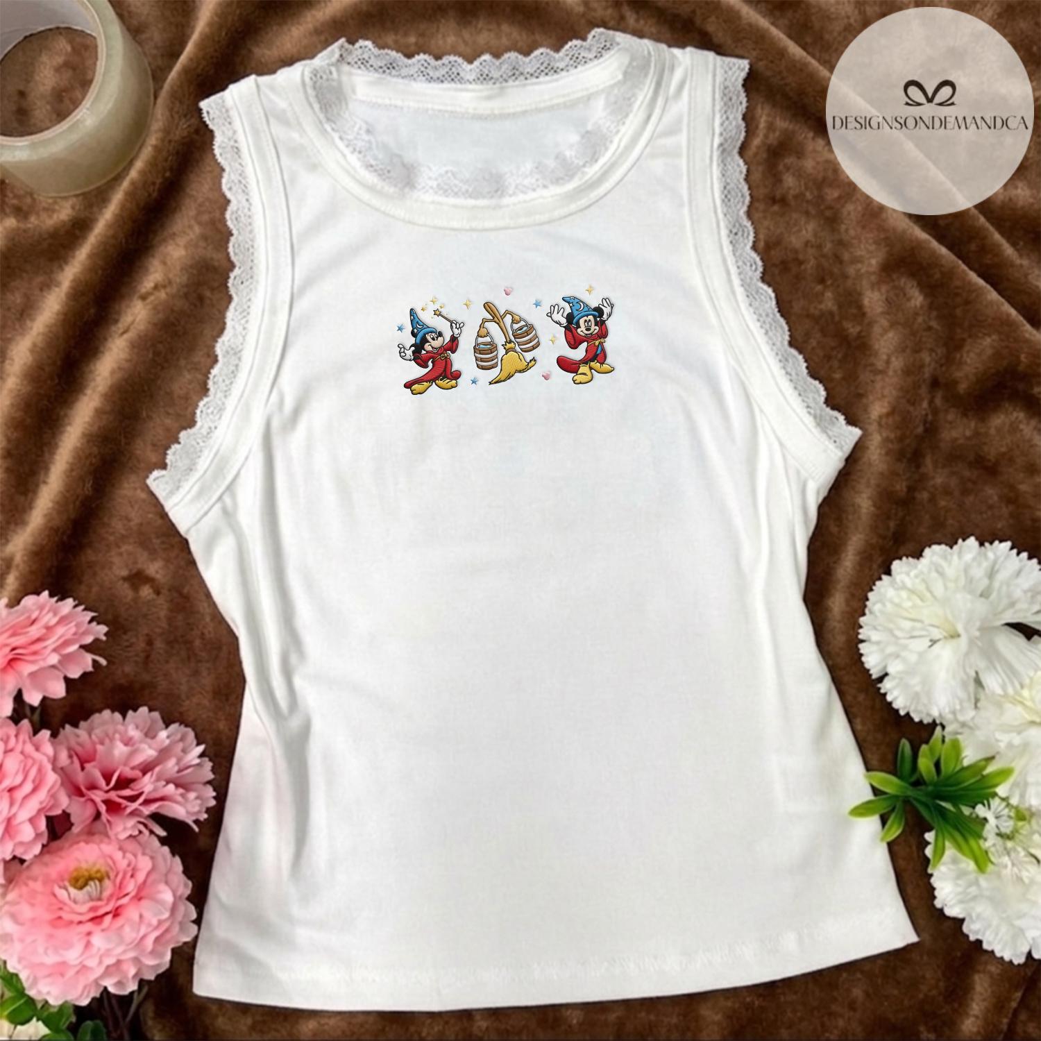 Embroidered Fantasia Sorcerer Wizard Mickey Lace Trim Tank Top with Coquette Bow – Disney Baby Tee Crop Tank for WDW Disneyland Trip - photo 17
