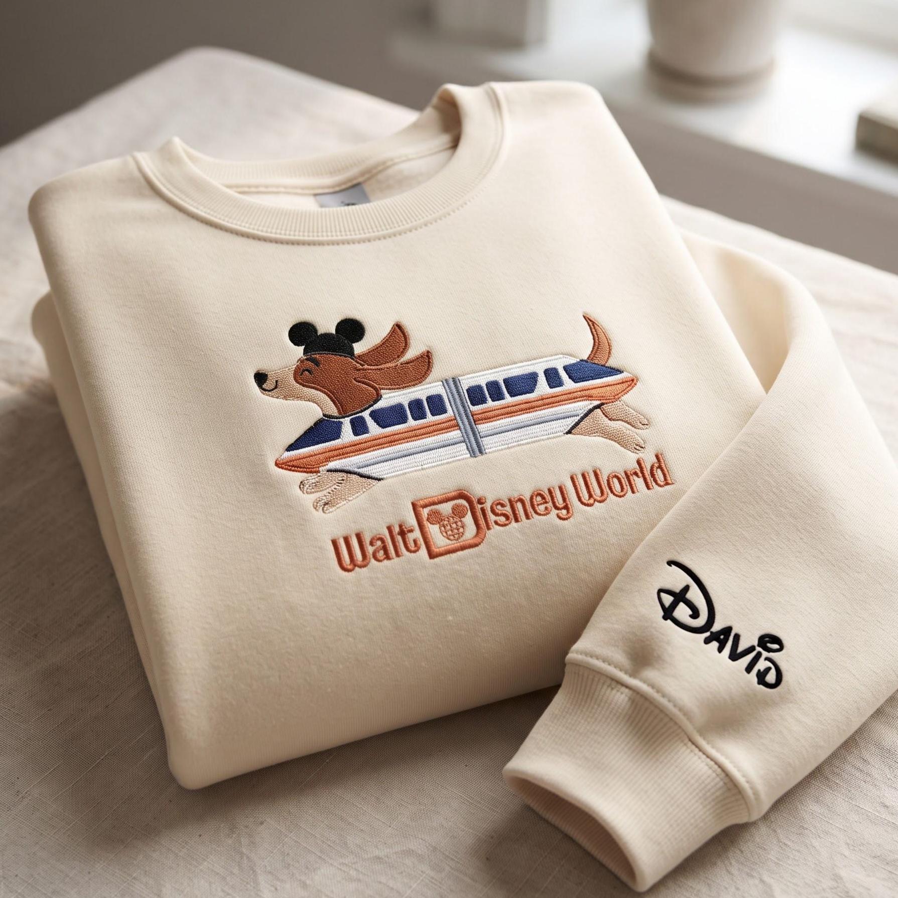 Embroidered Monorail Doxie Dog Sweatshirt with Custom Sleeve Name Hoodie – Disney Dachshund Sweater for a Disney Vacation Gift