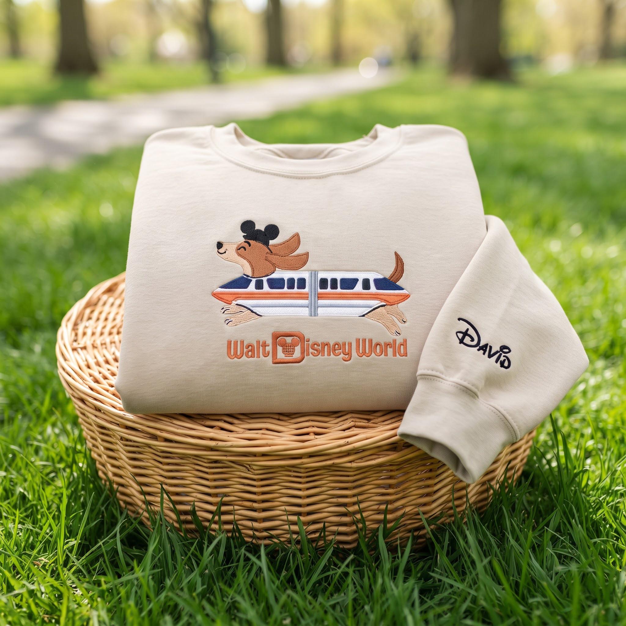 Embroidered Monorail Doxie Dog Sweatshirt with Custom Sleeve Name Hoodie – Disney Dachshund Sweater for a Disney Vacation Gift - photo 2