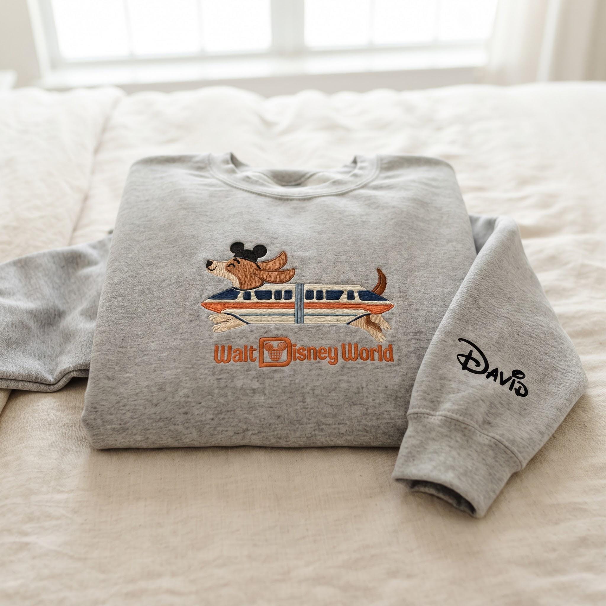 Embroidered Monorail Doxie Dog Sweatshirt with Custom Sleeve Name Hoodie – Disney Dachshund Sweater for a Disney Vacation Gift - photo 3