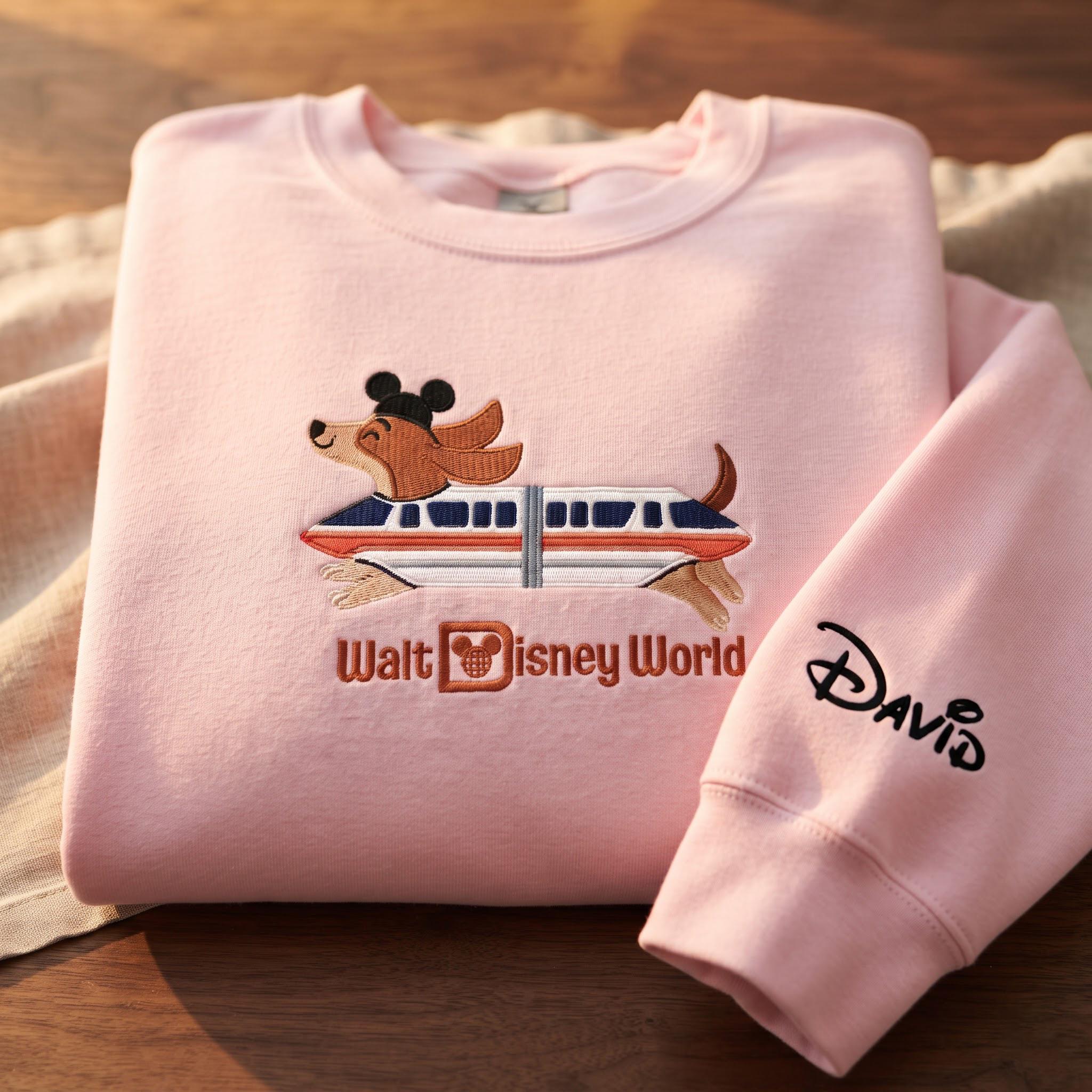 Embroidered Monorail Doxie Dog Sweatshirt with Custom Sleeve Name Hoodie – Disney Dachshund Sweater for a Disney Vacation Gift - photo 4