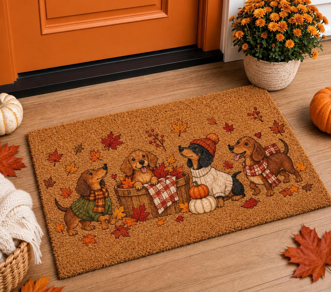 Cute Wiener Dogs Dachshund Fall Coir Doormat – Autumn Pumpkin Maple Leaf Front Door Mat, Porch Decor And Thanksgiving Gift For Lover