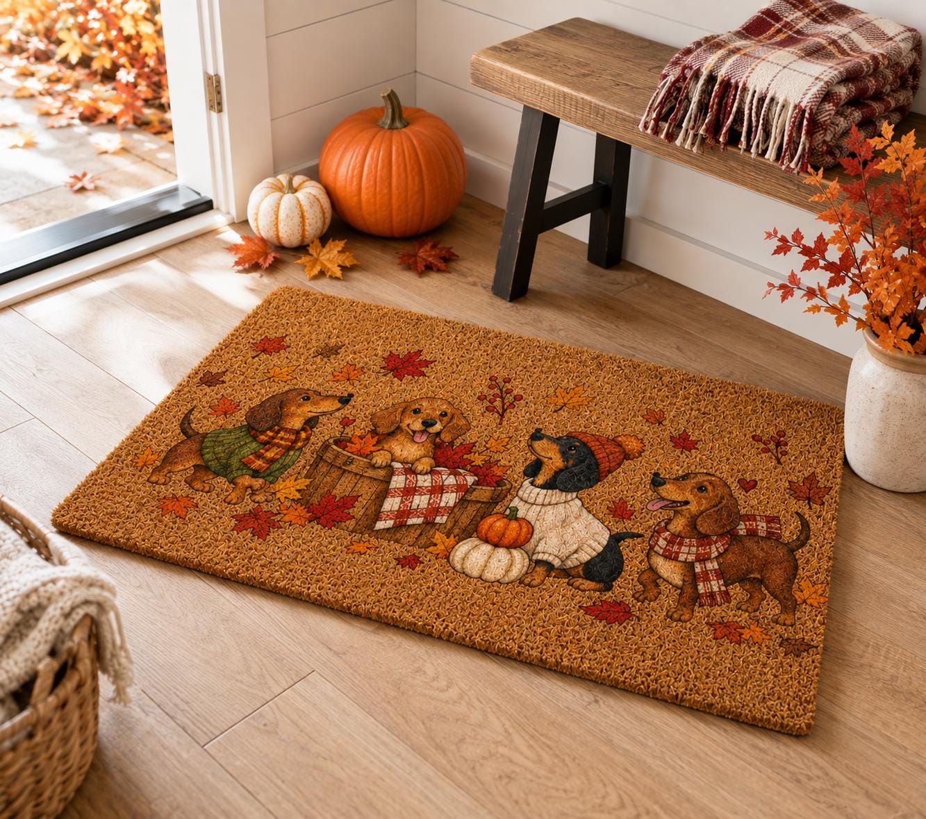 Cute Wiener Dogs Dachshund Fall Coir Doormat – Autumn Pumpkin Maple Leaf Front Door Mat, Porch Decor And Thanksgiving Gift For Lover - photo 2