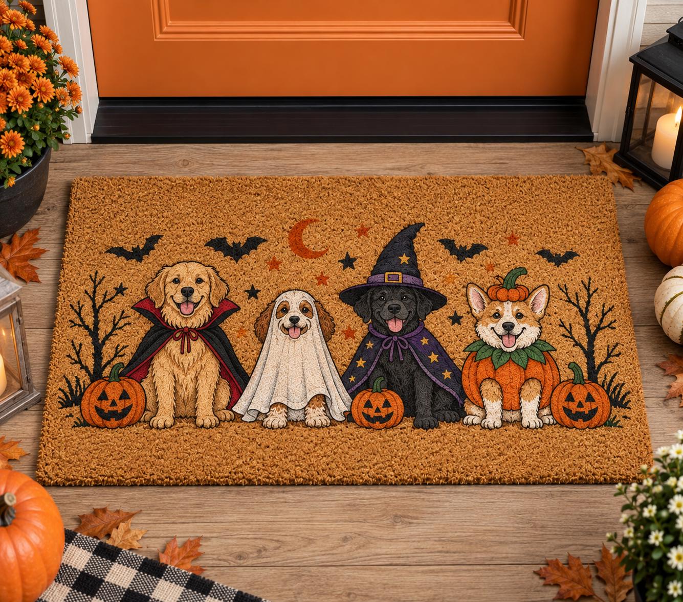 Cute Vampire Ghost Witch Pumpkin Halloween Dog Coir Doormat – Spooky Dogs Pet Front Door Mat, Porch Decor And Funny Lover Gift