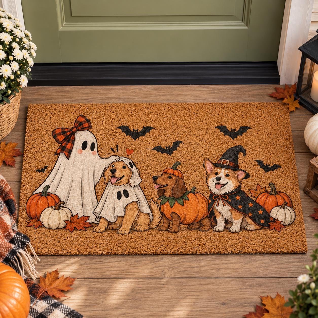 Cute Corgi Dachshund Ghost And Costume Dogs Halloween Coir Doormat – Spooky Pumpkin Front Door Mat, Porch Decor, Funny Dog Lover Gift