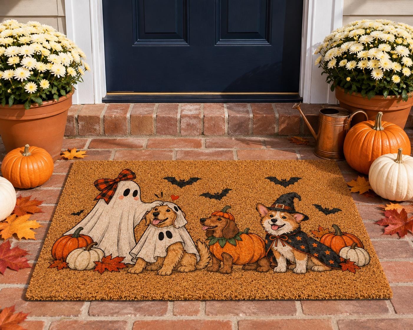 Cute Corgi Dachshund Ghost And Costume Dogs Halloween Coir Doormat – Spooky Pumpkin Front Door Mat, Porch Decor, Funny Dog Lover Gift - photo 2