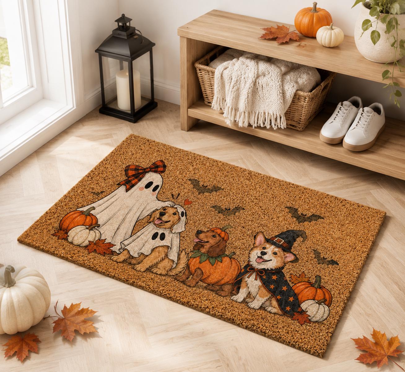 Cute Corgi Dachshund Ghost And Costume Dogs Halloween Coir Doormat – Spooky Pumpkin Front Door Mat, Porch Decor, Funny Dog Lover Gift - photo 3