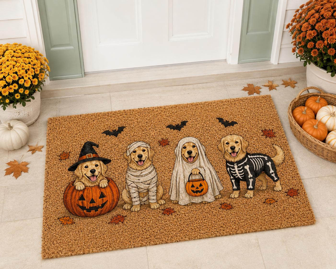 Golden Retriever Halloween Coir Doormat with Cute Dogs in Witch Ghost Mummy Costumes and Spooky Pumpkin Front Door Mat for Lover Gift