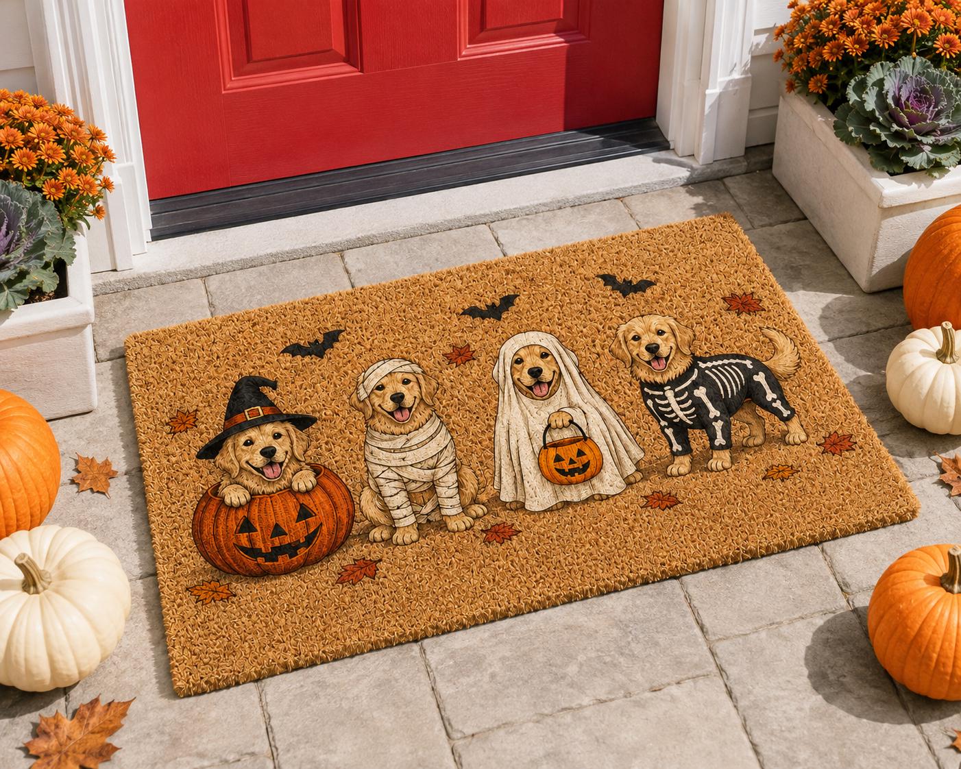 Golden Retriever Halloween Coir Doormat with Cute Dogs in Witch Ghost Mummy Costumes and Spooky Pumpkin Front Door Mat for Lover Gift - photo 2