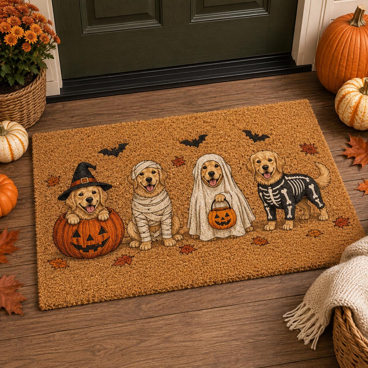 Golden Retriever Halloween Coir Doormat with Cute Dogs in Witch Ghost Mummy Costumes and Spooky Pumpkin Front Door Mat for Lover Gift - photo 3