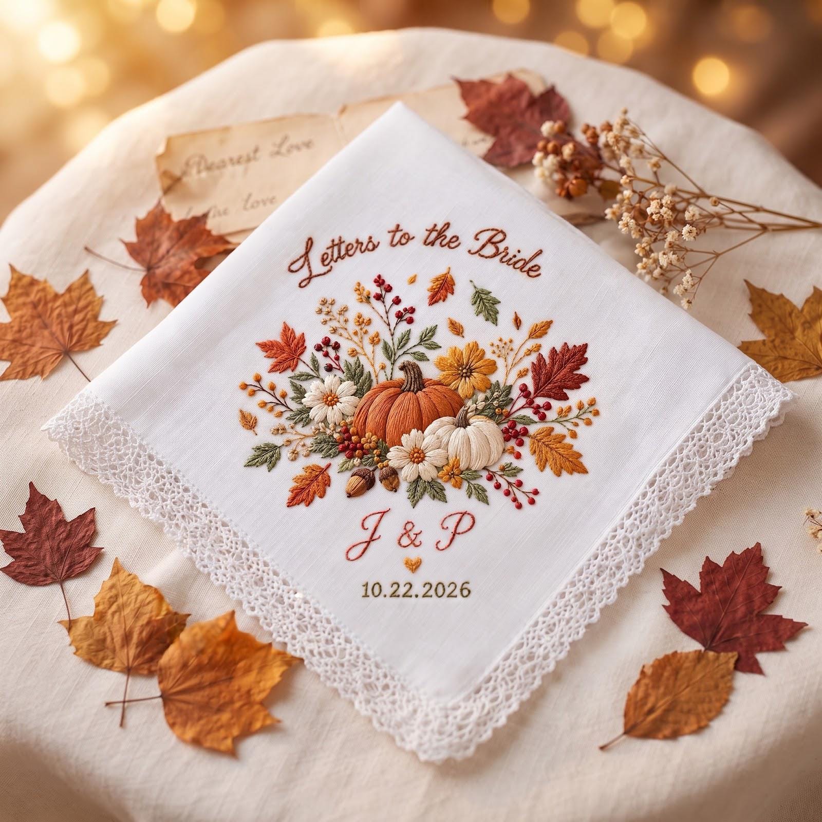 Personalized Letters to the Bride Handkerchief with Fall Floral Pumpkin Embroidered Wedding Hanky, Custom Initials and Date Bridal Keepsake