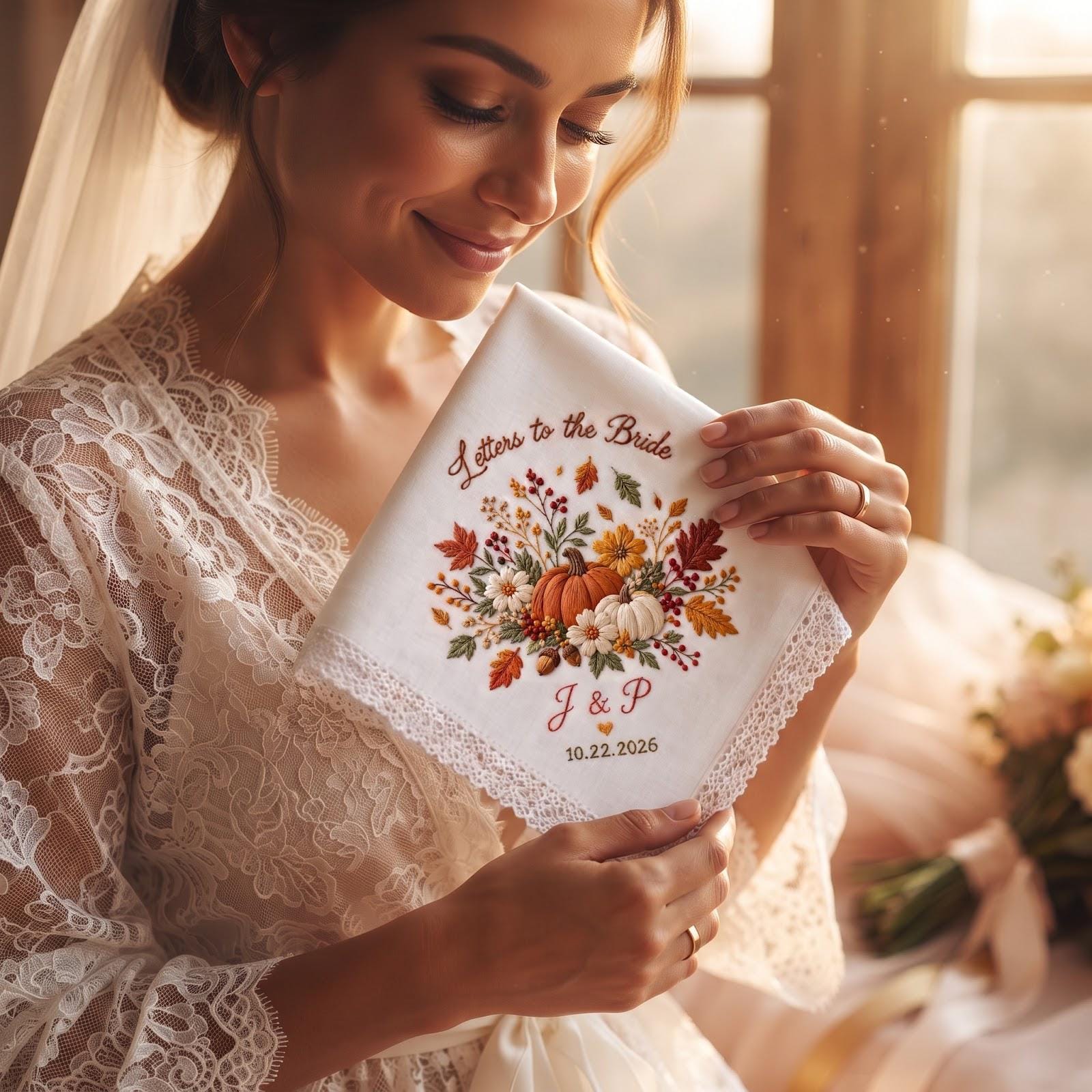Personalized Letters to the Bride Handkerchief with Fall Floral Pumpkin Embroidered Wedding Hanky, Custom Initials and Date Bridal Keepsake - photo 2