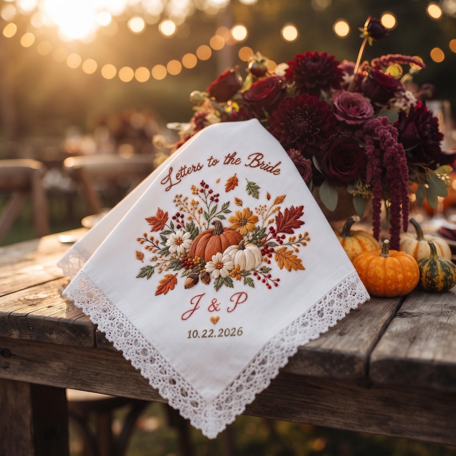 Personalized Letters to the Bride Handkerchief with Fall Floral Pumpkin Embroidered Wedding Hanky, Custom Initials and Date Bridal Keepsake - photo 6