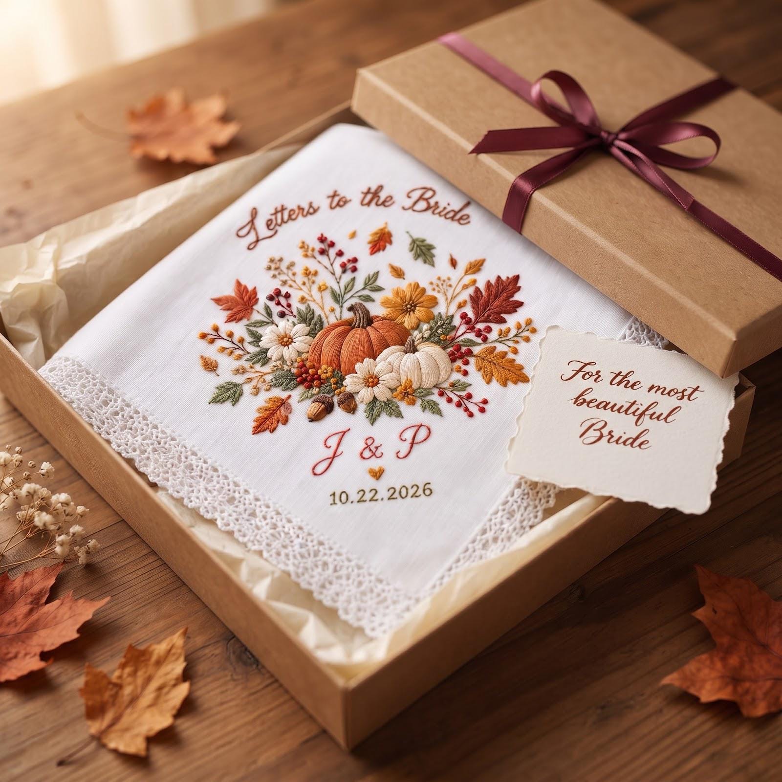 Personalized Letters to the Bride Handkerchief with Fall Floral Pumpkin Embroidered Wedding Hanky, Custom Initials and Date Bridal Keepsake - photo 7