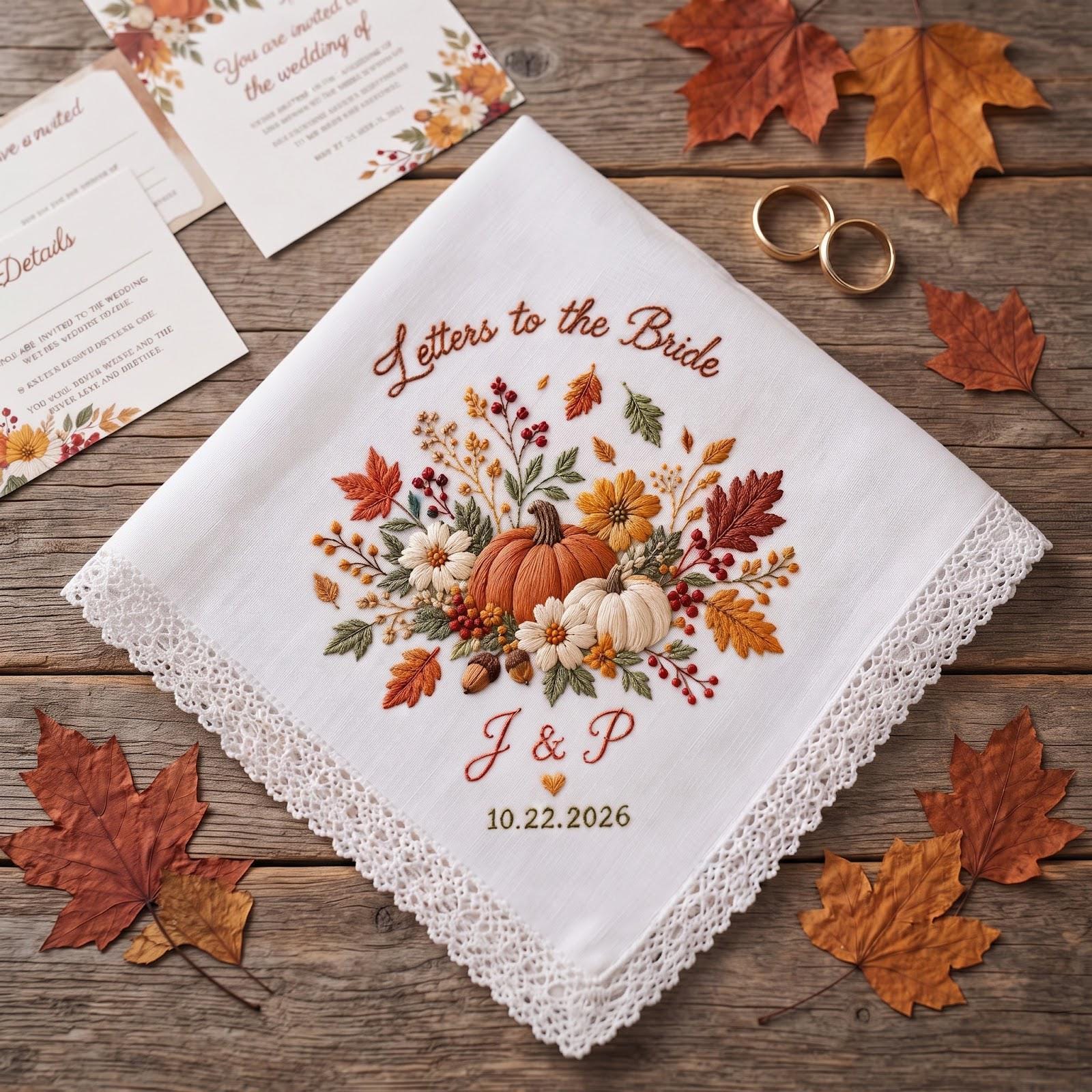 Personalized Letters to the Bride Handkerchief with Fall Floral Pumpkin Embroidered Wedding Hanky, Custom Initials and Date Bridal Keepsake - photo 8
