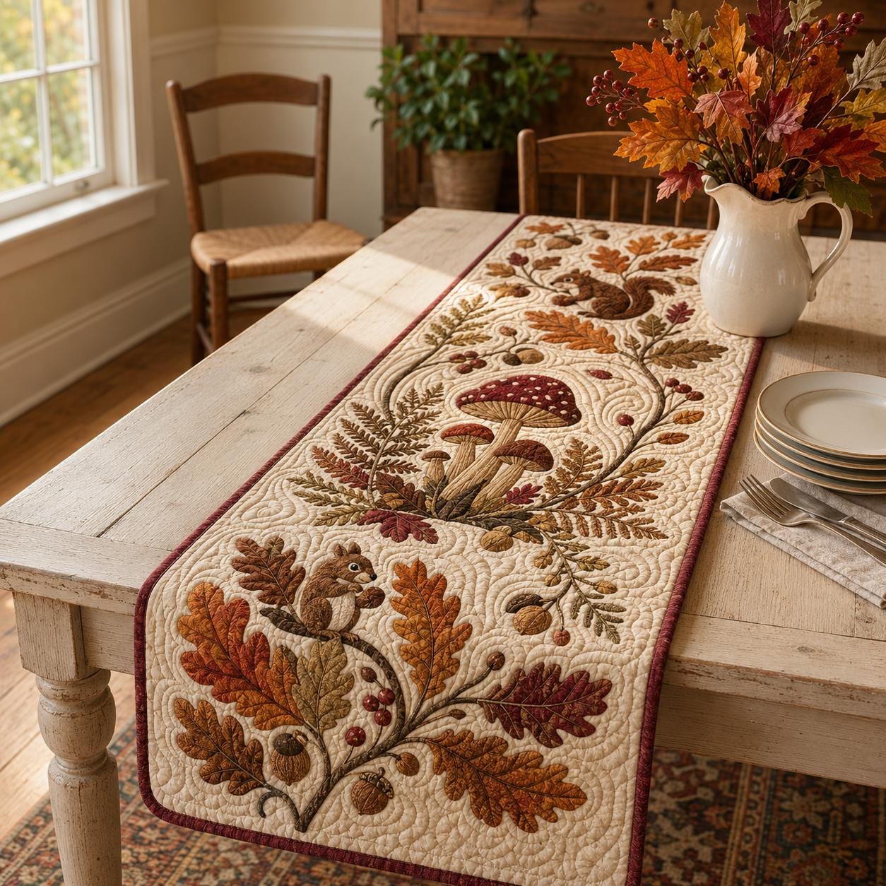Pumpkin Floral Table Runner with Quilt Style Fall Table Decor, Autumn Harvest Pumpkin Runner, and Thanksgiving Farmhouse Dining Decor