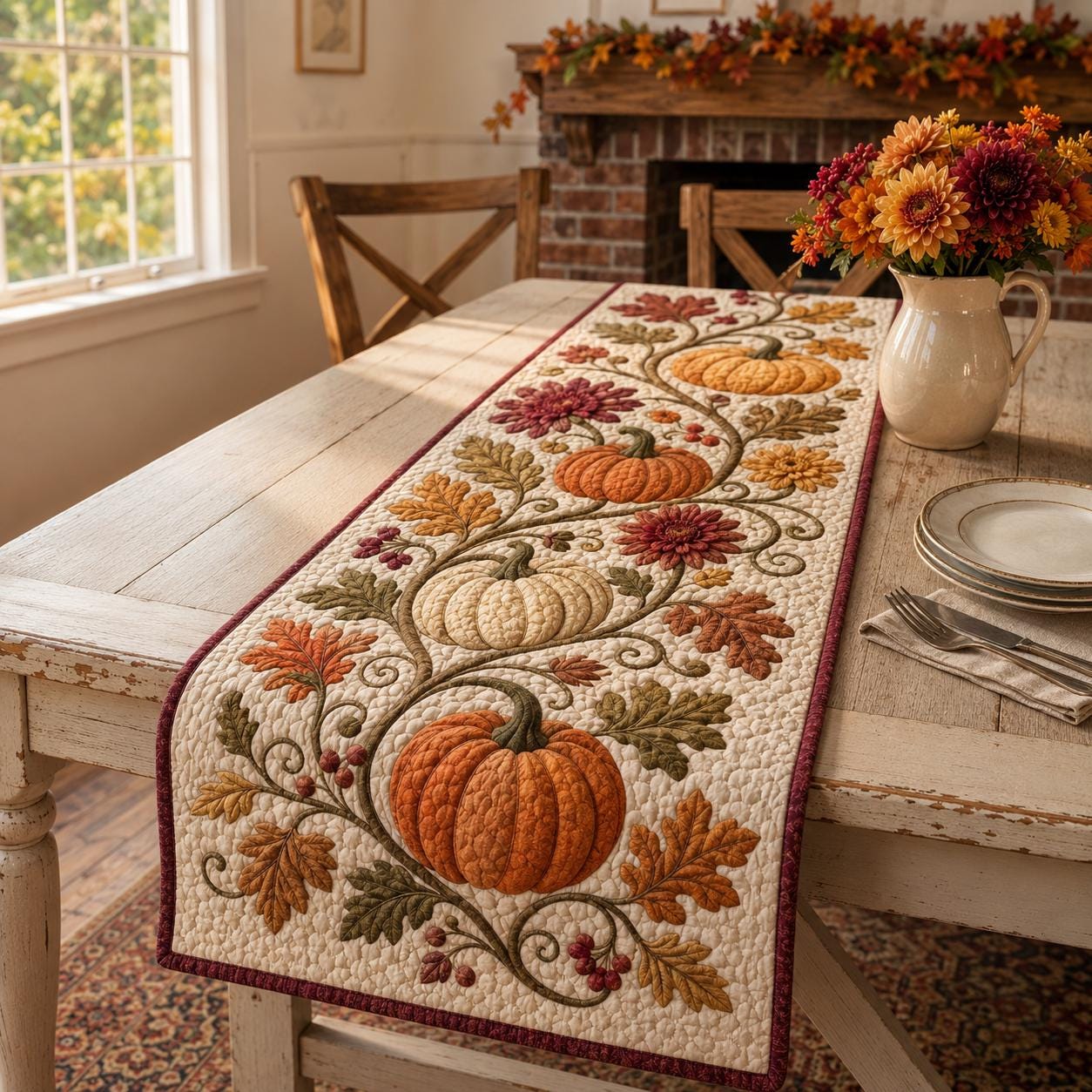 Pumpkin Floral Table Runner with Quilt Style Fall Table Decor, Autumn Harvest Pumpkin Runner, and Thanksgiving Farmhouse Dining Decor - photo 2