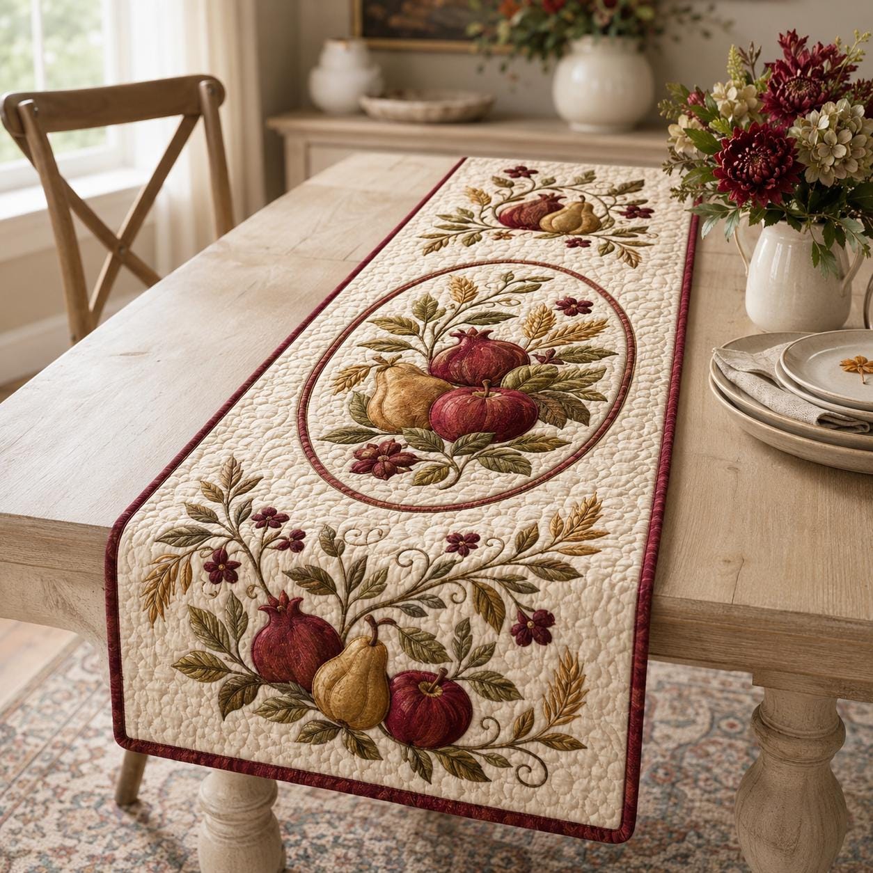 Pumpkin Floral Table Runner with Quilt Style Fall Table Decor, Autumn Harvest Pumpkin Runner, and Thanksgiving Farmhouse Dining Decor - photo 3