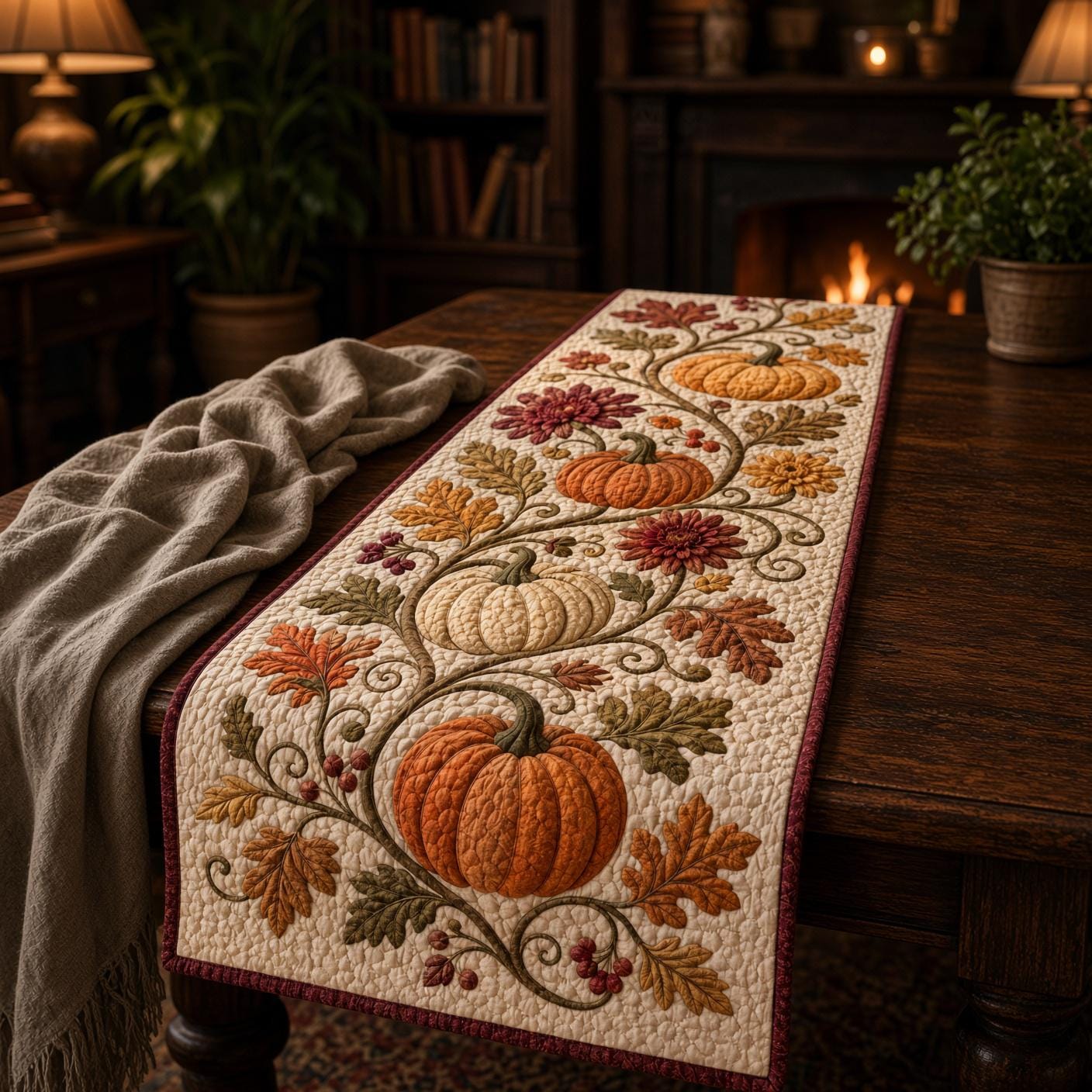Pumpkin Floral Table Runner with Quilt Style Fall Table Decor, Autumn Harvest Pumpkin Runner, and Thanksgiving Farmhouse Dining Decor - photo 6
