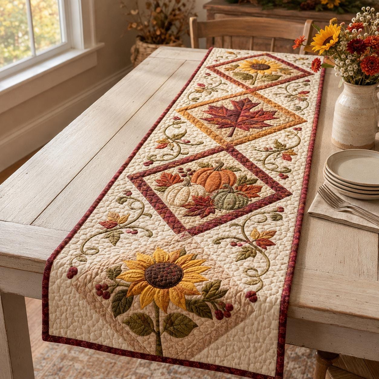 Pumpkin Floral Table Runner with Quilt Style Fall Table Decor, Autumn Harvest Pumpkin Runner, and Thanksgiving Farmhouse Dining Decor - photo 7