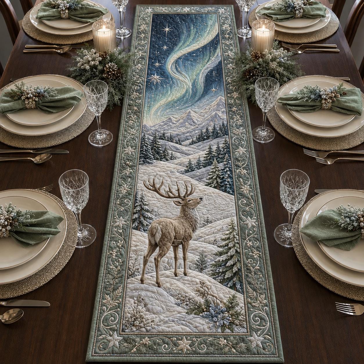 Christmas Deer Table Runner with Quilt Style Poinsettia Table Decor, Winter Reindeer Runner, and Holiday Farmhouse Dining Decor - photo 1