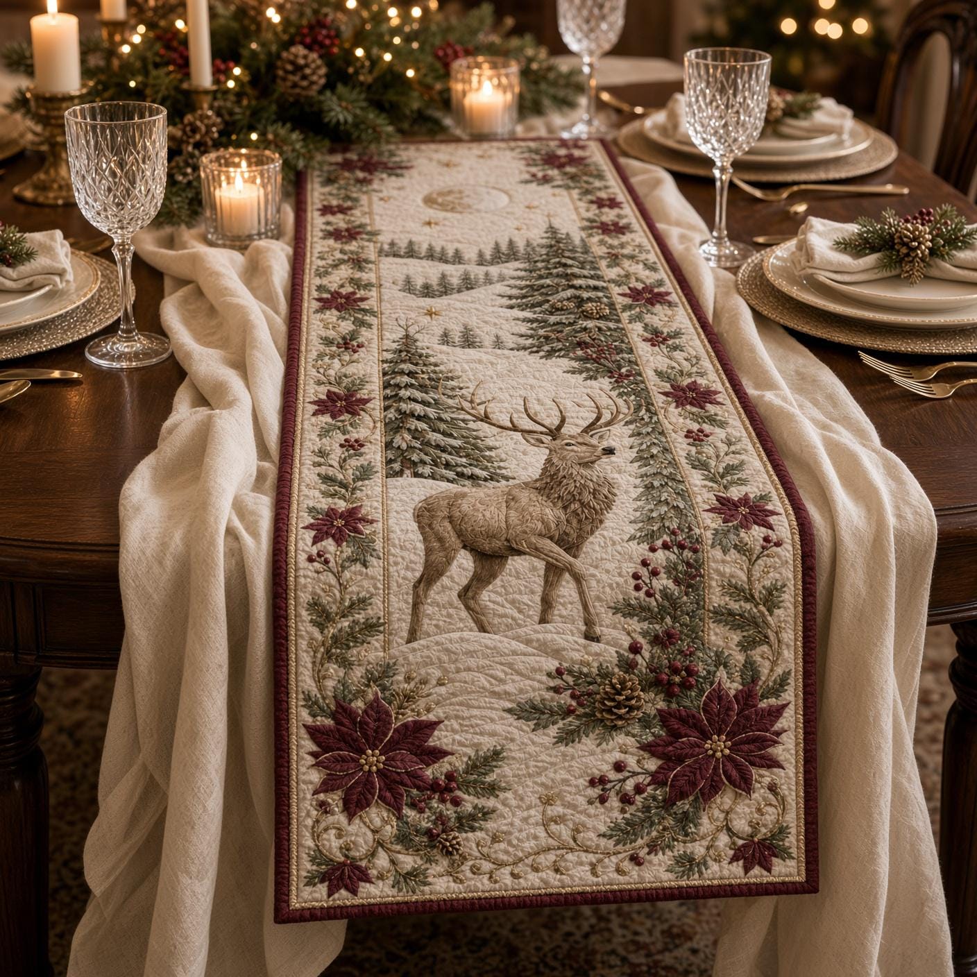 Christmas Deer Table Runner with Quilt Style Poinsettia Table Decor, Winter Reindeer Runner, and Holiday Farmhouse Dining Decor - photo 2