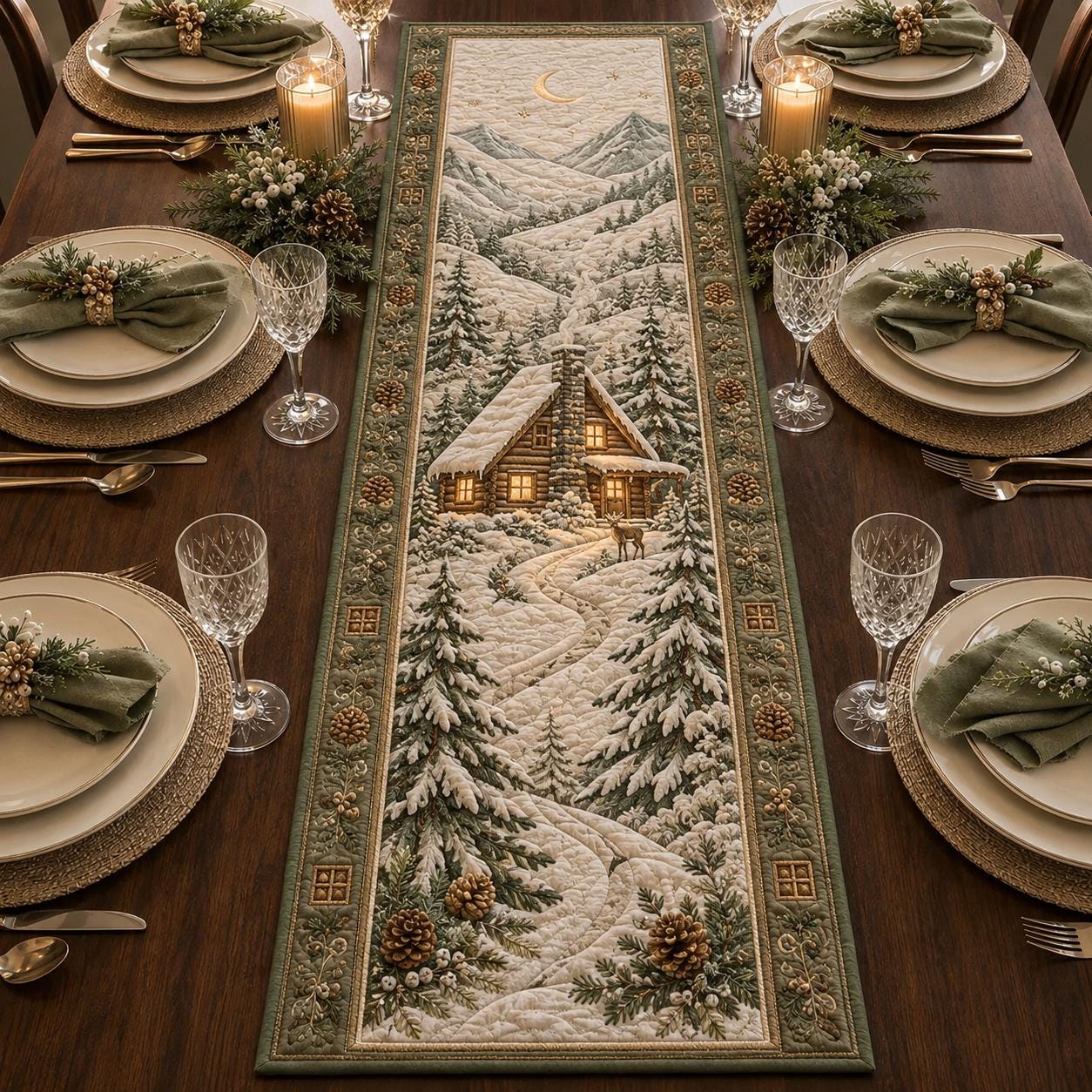 Christmas Deer Table Runner with Quilt Style Poinsettia Table Decor, Winter Reindeer Runner, and Holiday Farmhouse Dining Decor - photo 3