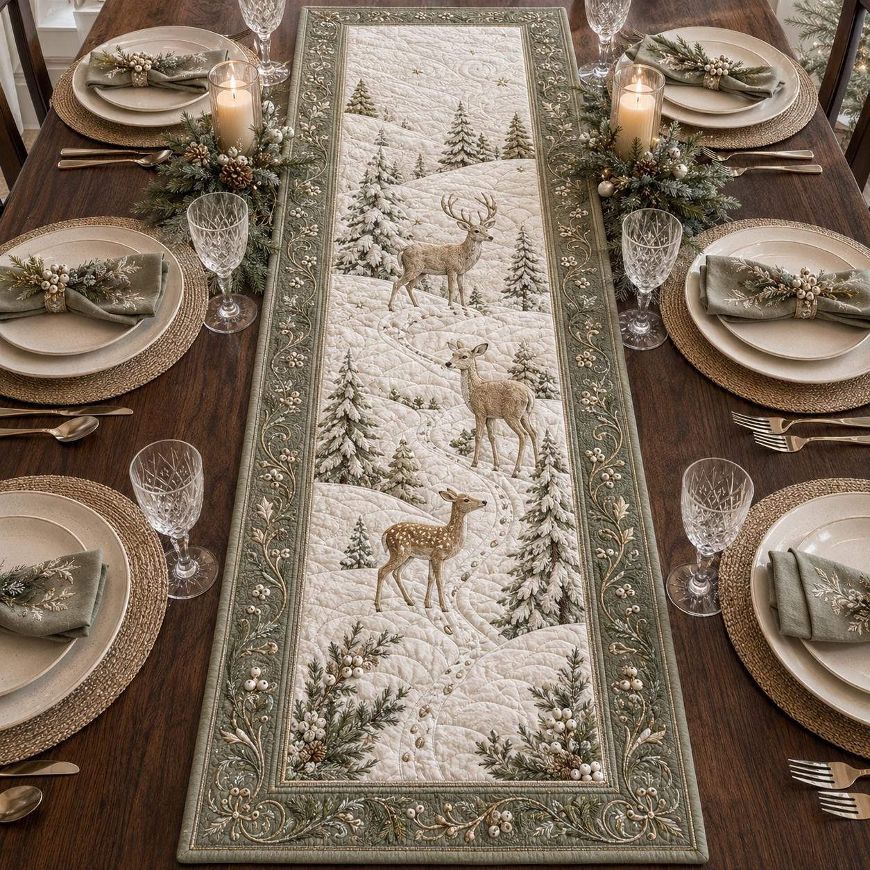 Christmas Deer Table Runner with Quilt Style Poinsettia Table Decor, Winter Reindeer Runner, and Holiday Farmhouse Dining Decor - photo 6