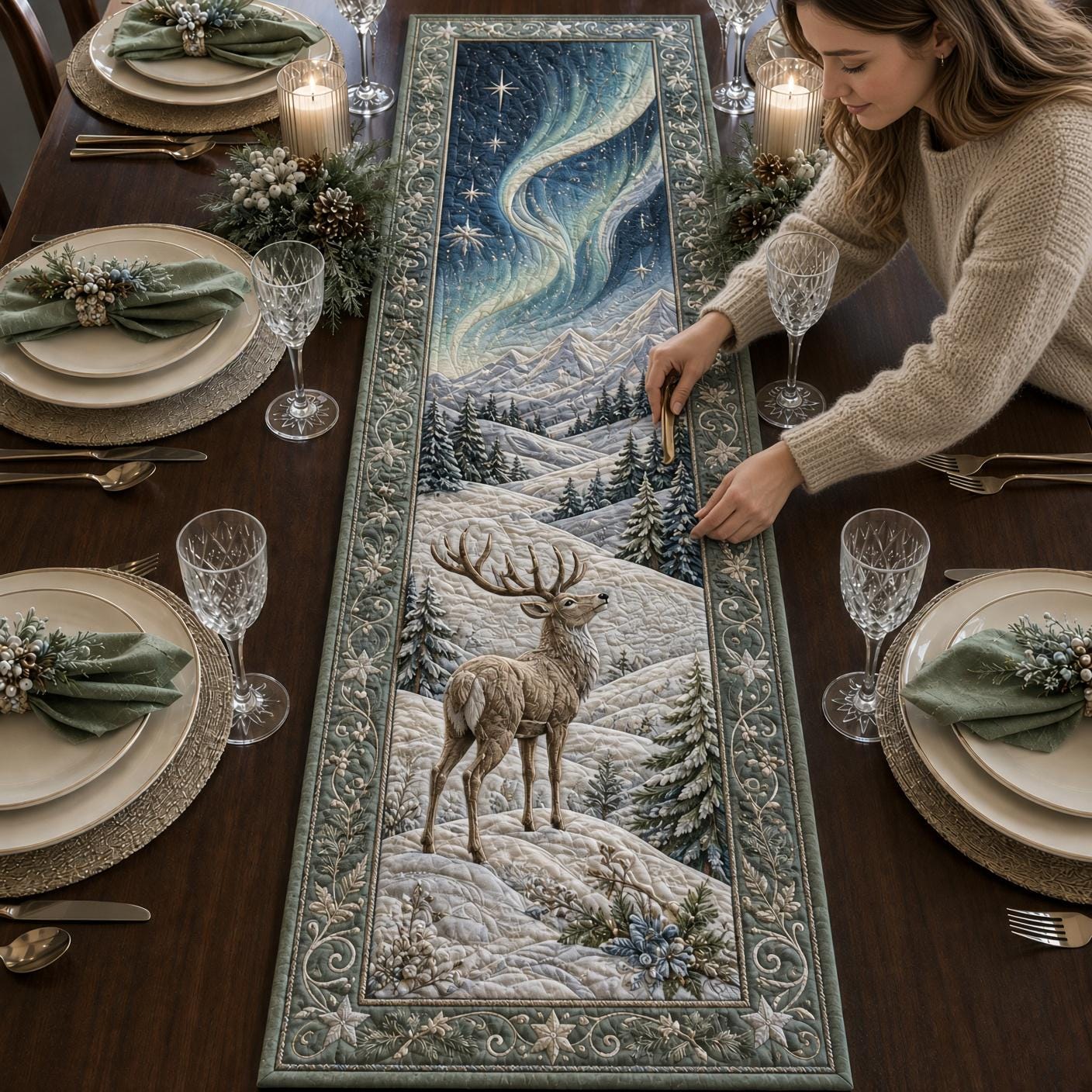 Christmas Deer Table Runner with Quilt Style Poinsettia Table Decor, Winter Reindeer Runner, and Holiday Farmhouse Dining Decor - photo 7