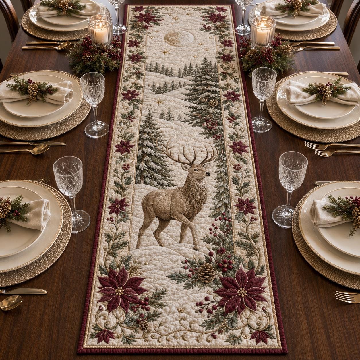 Christmas Deer Table Runner with Quilt Style Poinsettia Table Decor, Winter Reindeer Runner, and Holiday Farmhouse Dining Decor - photo 8