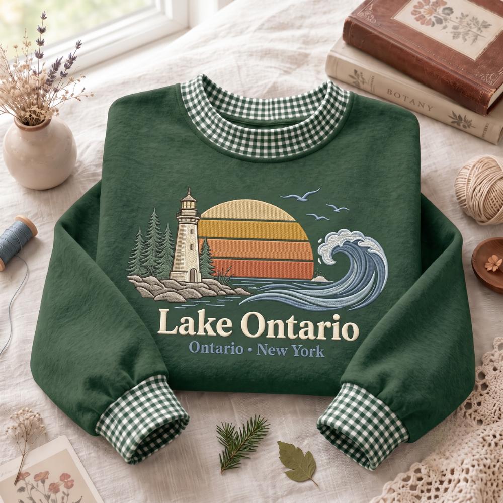 Great Lakes Embroidered Sweatshirt – Ontario New York Scenic Lake Lighthouse Wave Retro Crewneck, Sweater Gift