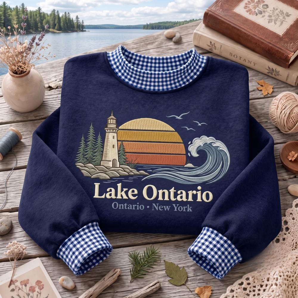 Great Lakes Embroidered Sweatshirt – Ontario New York Scenic Lake Lighthouse Wave Retro Crewneck, Sweater Gift - photo 2