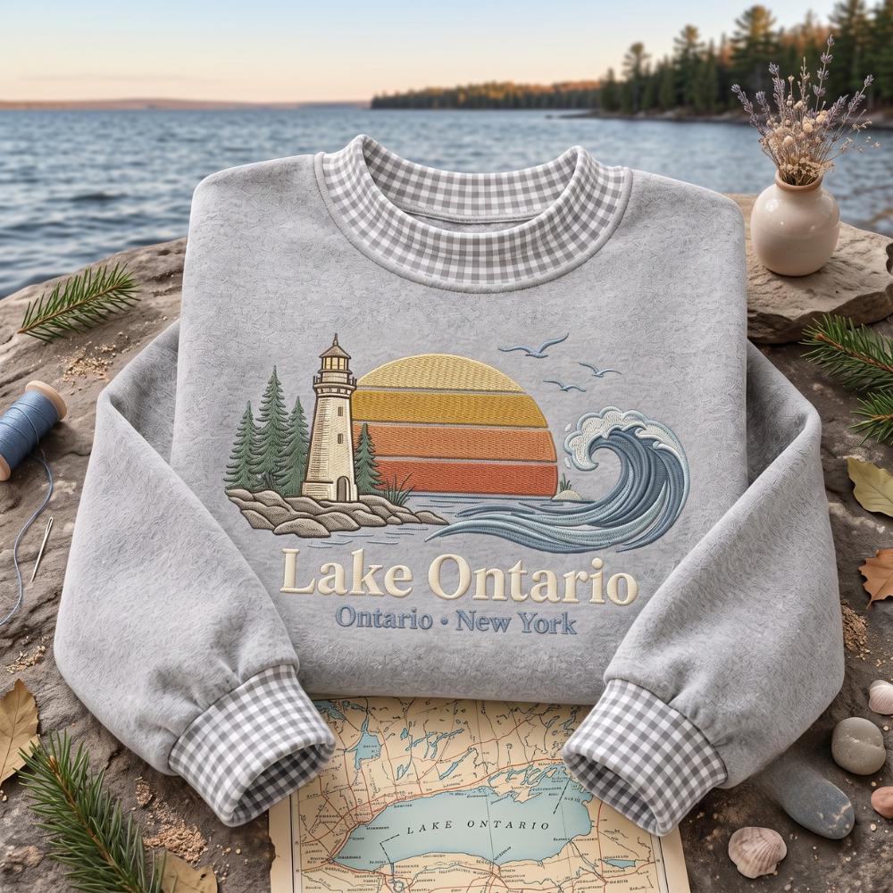 Great Lakes Embroidered Sweatshirt – Ontario New York Scenic Lake Lighthouse Wave Retro Crewneck, Sweater Gift - photo 3