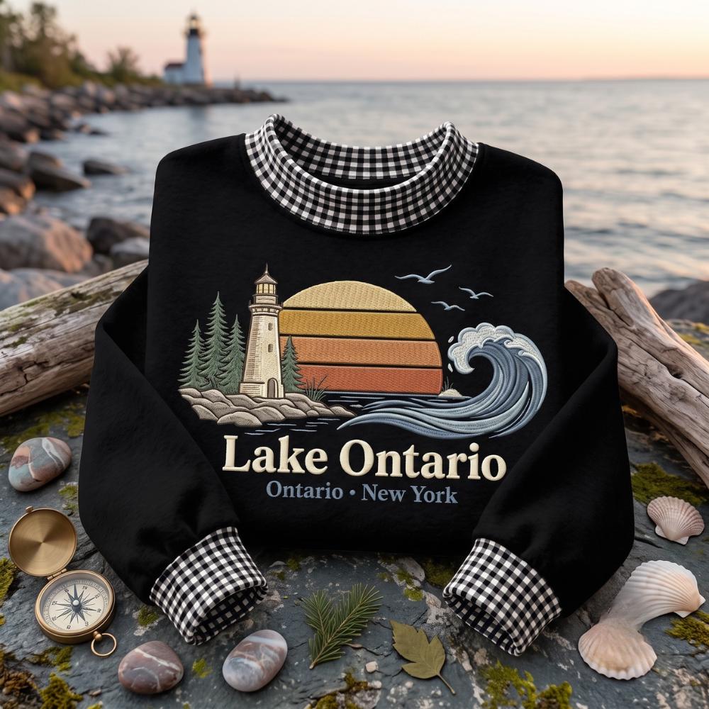Great Lakes Embroidered Sweatshirt – Ontario New York Scenic Lake Lighthouse Wave Retro Crewneck, Sweater Gift - photo 7