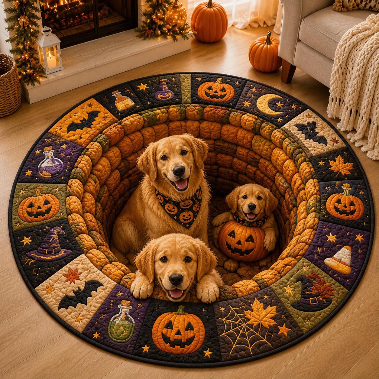 Halloween Floor Mat – 3D Illusion Quilted Pumpkin Dog Hole Round Rug, Spooky Pet Rug for Dog Lover Home Decor