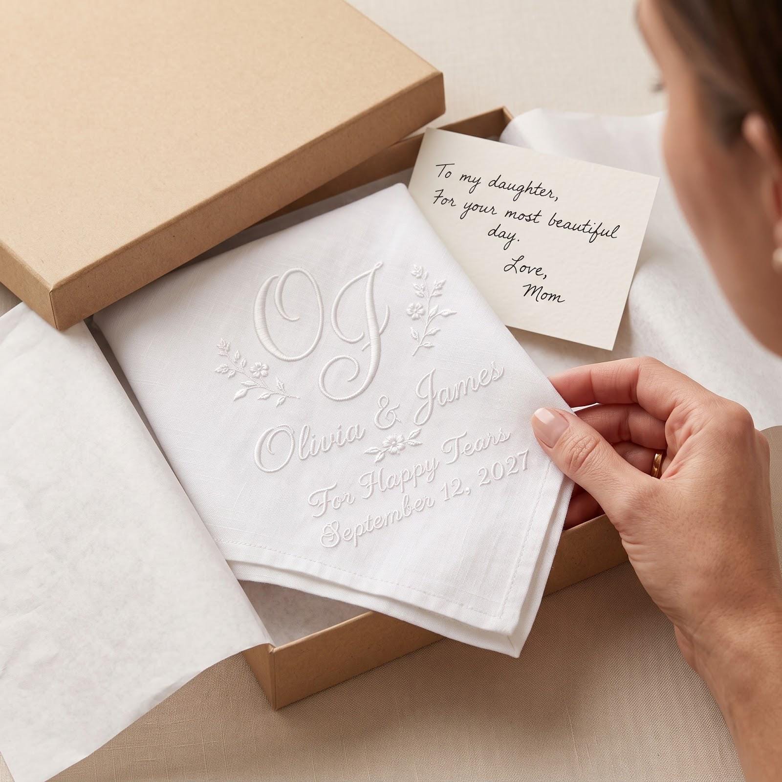 Personalized Embroidered Wedding Handkerchief with Custom Couple Names and Date, For Happy Tears Bridal Hanky, and Elegant Wedding Keepsake