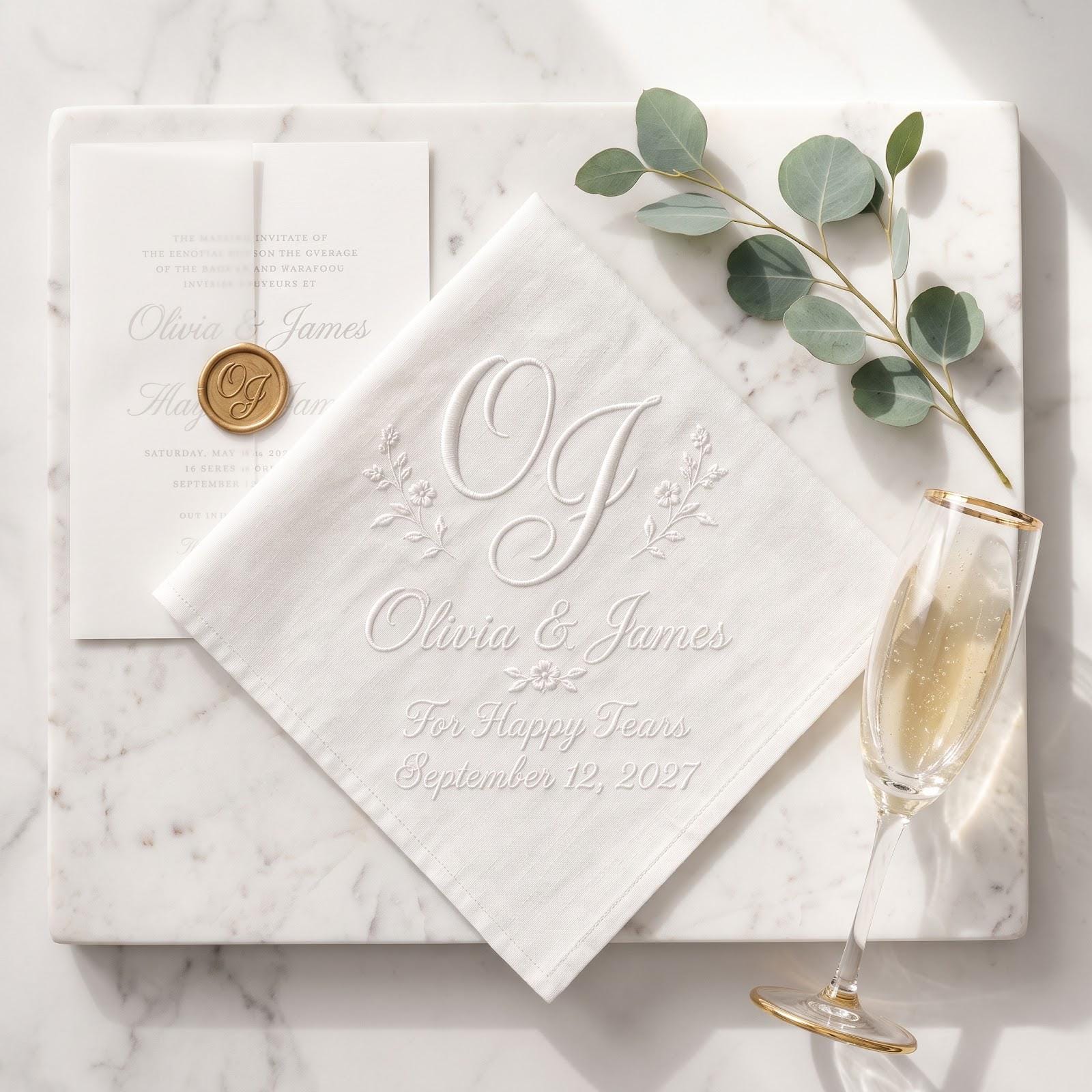 Personalized Embroidered Wedding Handkerchief with Custom Couple Names and Date, For Happy Tears Bridal Hanky, and Elegant Wedding Keepsake - photo 2