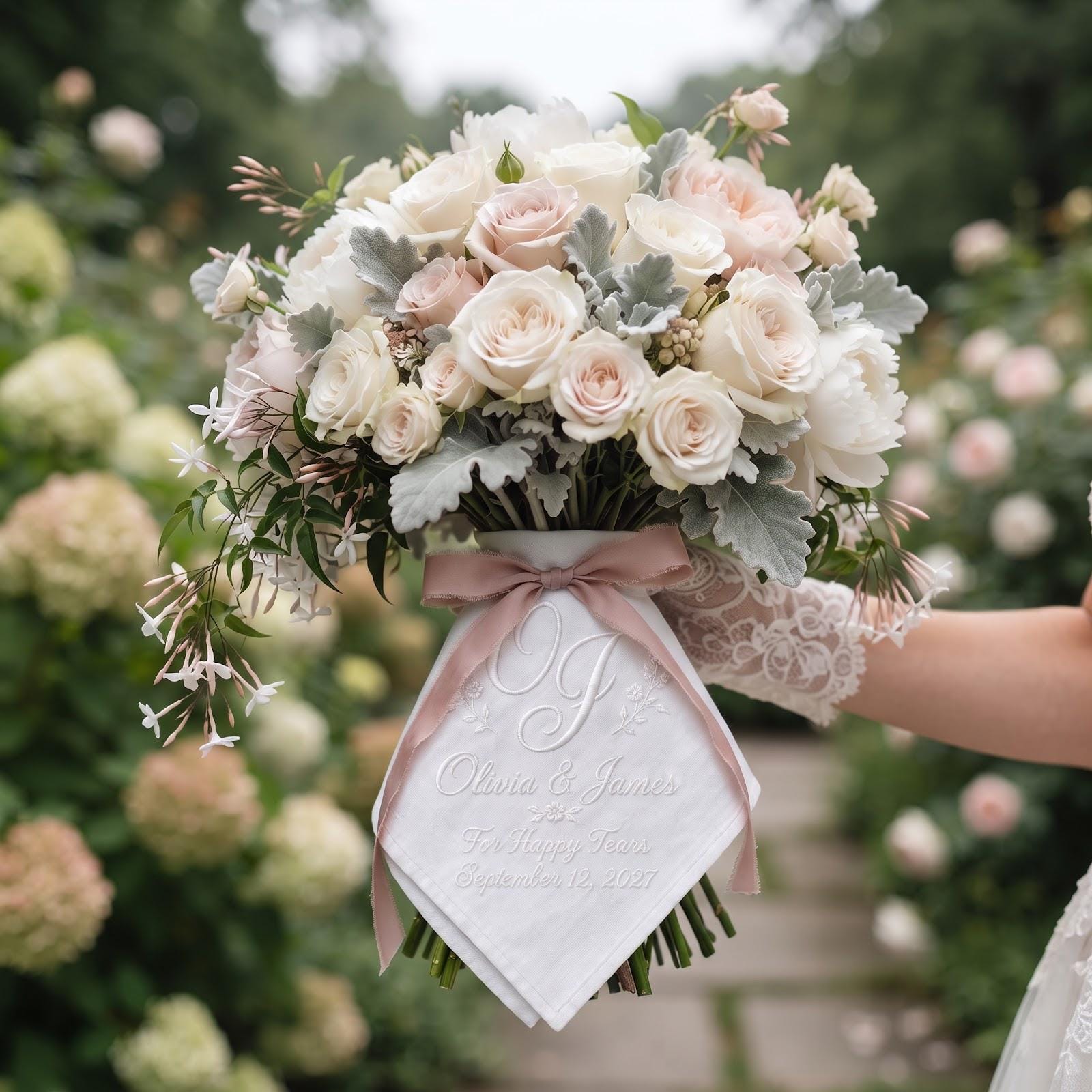 Personalized Embroidered Wedding Handkerchief with Custom Couple Names and Date, For Happy Tears Bridal Hanky, and Elegant Wedding Keepsake - photo 6