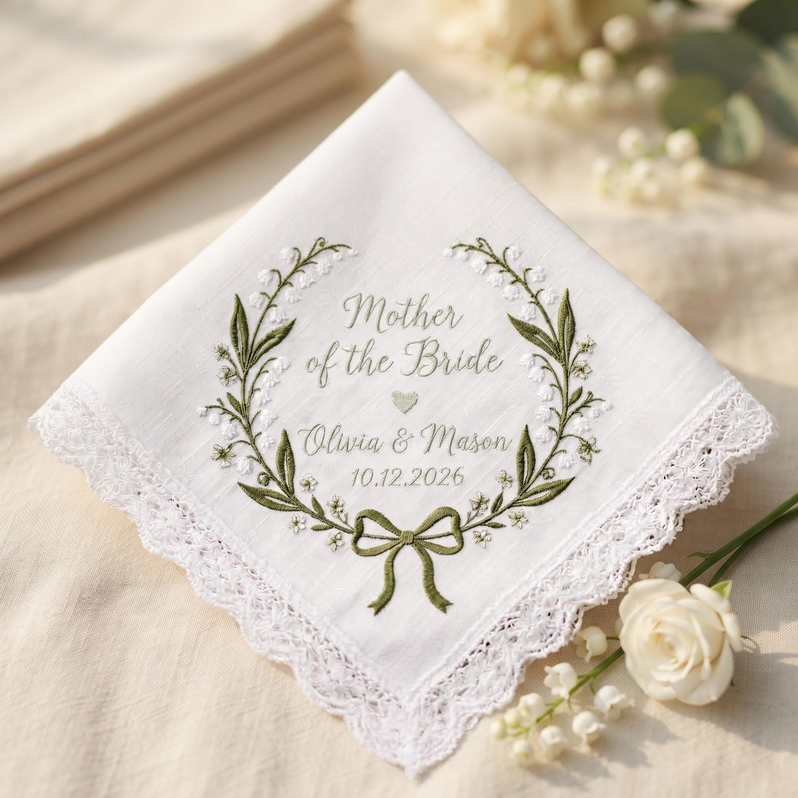 Personalized Mother of the Bride Handkerchief with Lily of the Valley Embroidered Wedding Hanky, Custom Names and Date Mom Wedding Gift