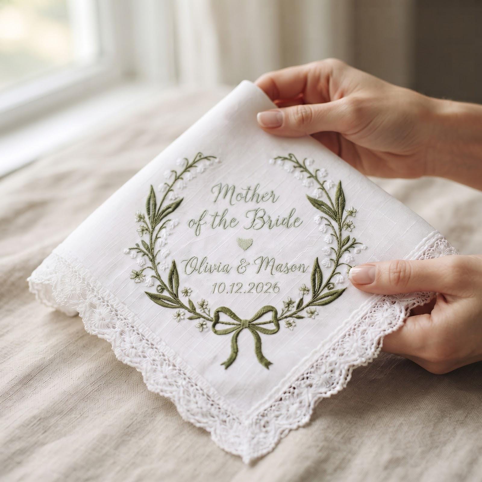 Personalized Mother of the Bride Handkerchief with Lily of the Valley Embroidered Wedding Hanky, Custom Names and Date Mom Wedding Gift - photo 2