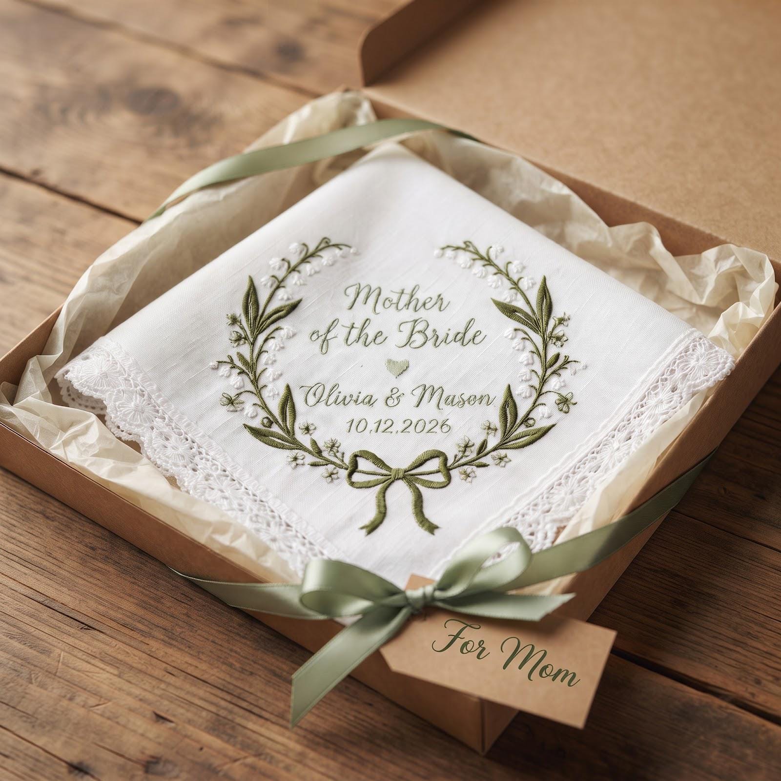 Personalized Mother of the Bride Handkerchief with Lily of the Valley Embroidered Wedding Hanky, Custom Names and Date Mom Wedding Gift - photo 6